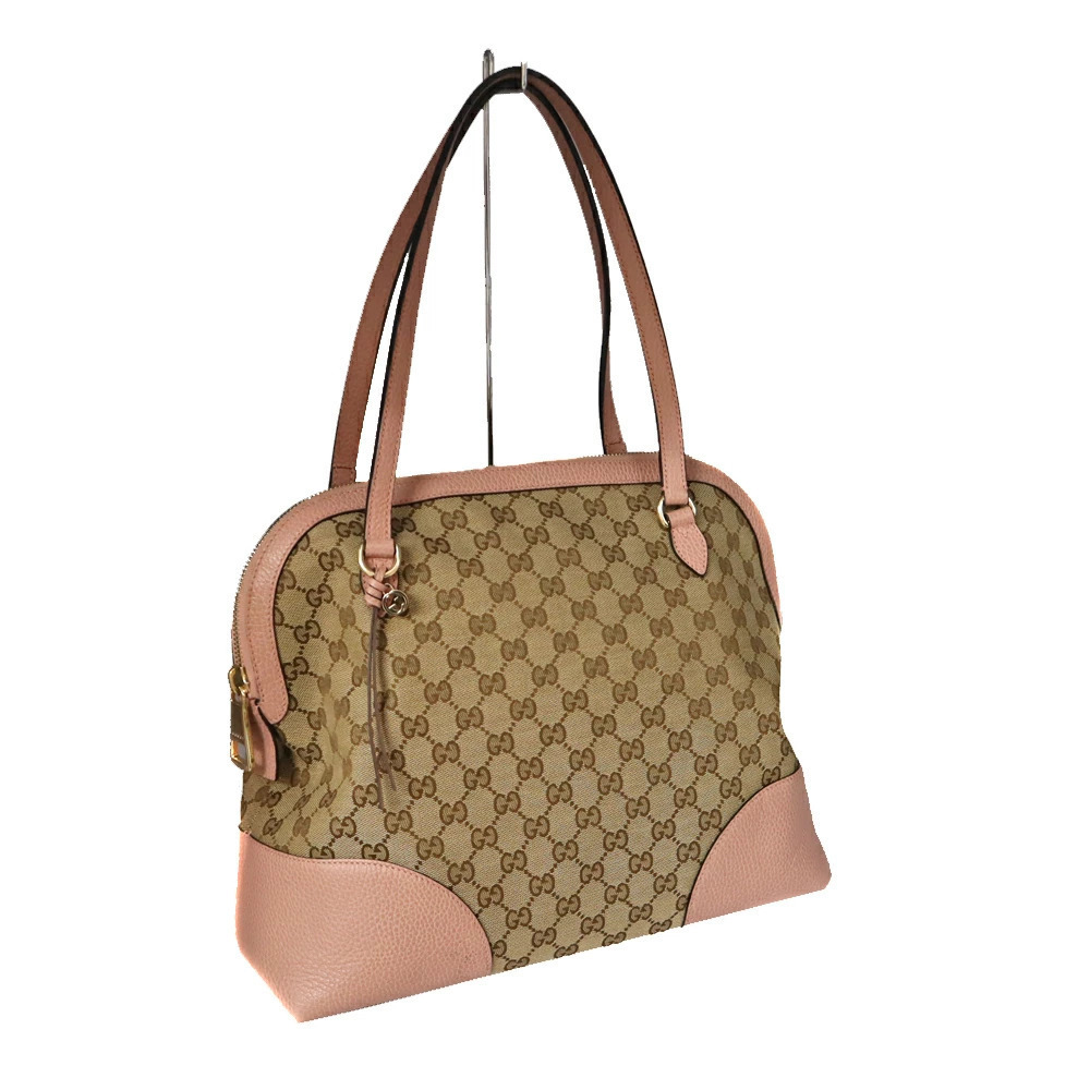 GUCCI Tote Bag Shoulder Handbag GG Canvas Beige Pink Leather